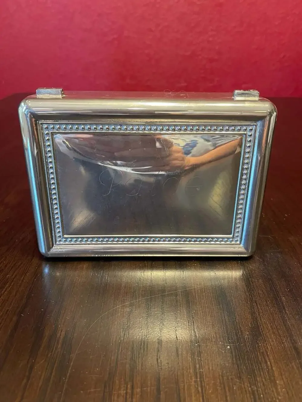 Vntg Silver-Plated Rectangular Trinket Jewelry Box w/Mirror & Red Velvet Lining